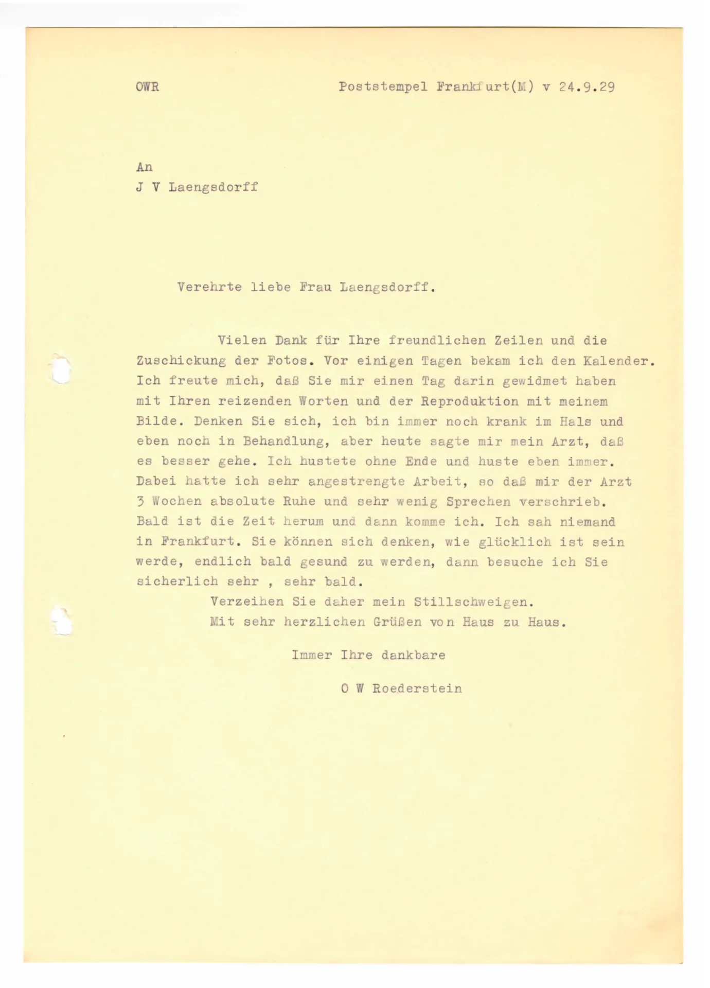 Brief (Transkript) von Ottilie W. Roederstein an Julia Virginia Laengsdorff, 24. September 1929