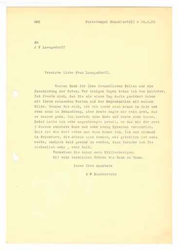 Brief (Transkript) von Ottilie W. Roederstein an Julia Virginia Laengsdorff, 24. September 1929