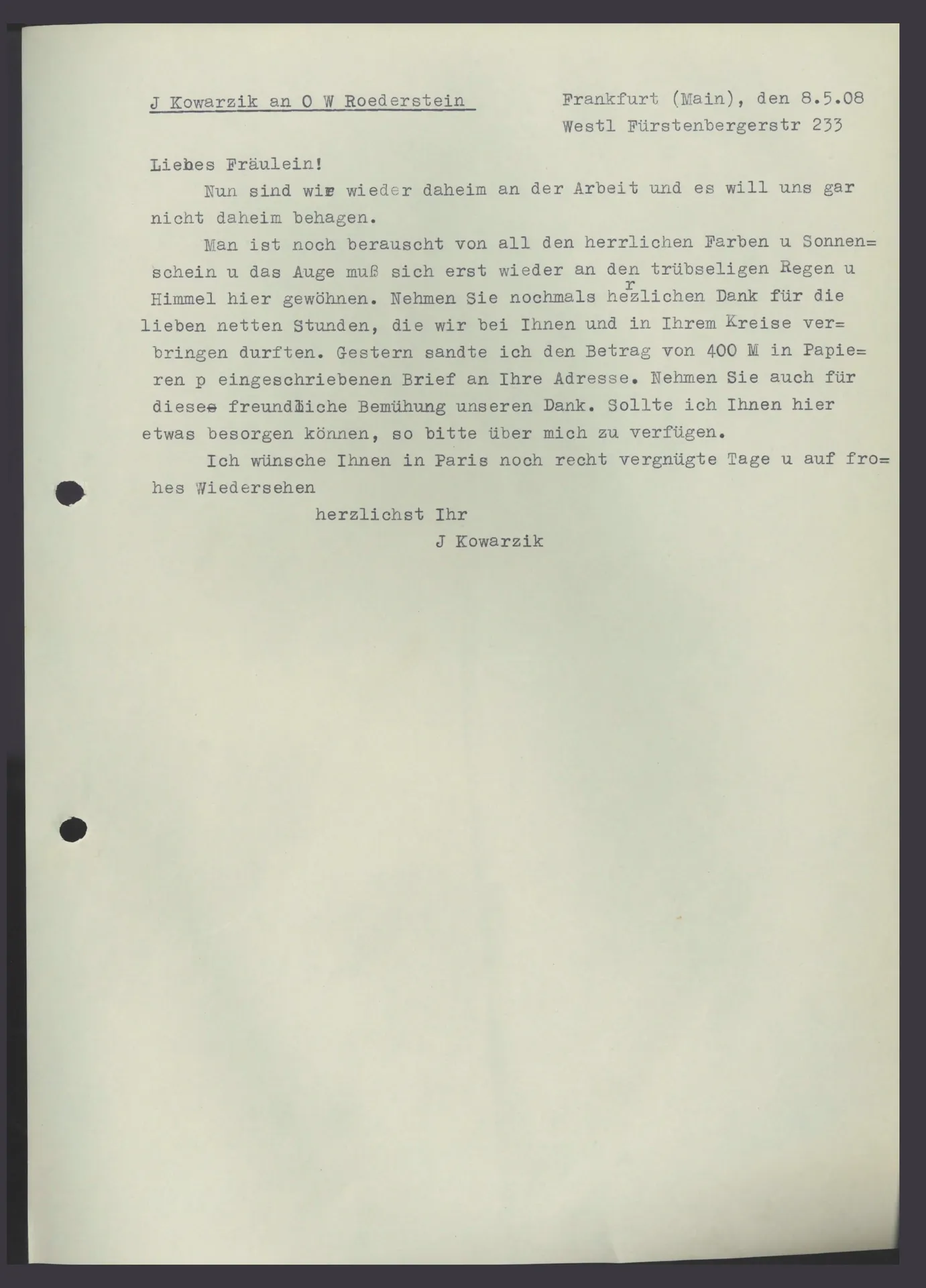 Brief (Transkript) von Josef Kowarzik an Ottilie W. Roederstein, 8. Mai 1908