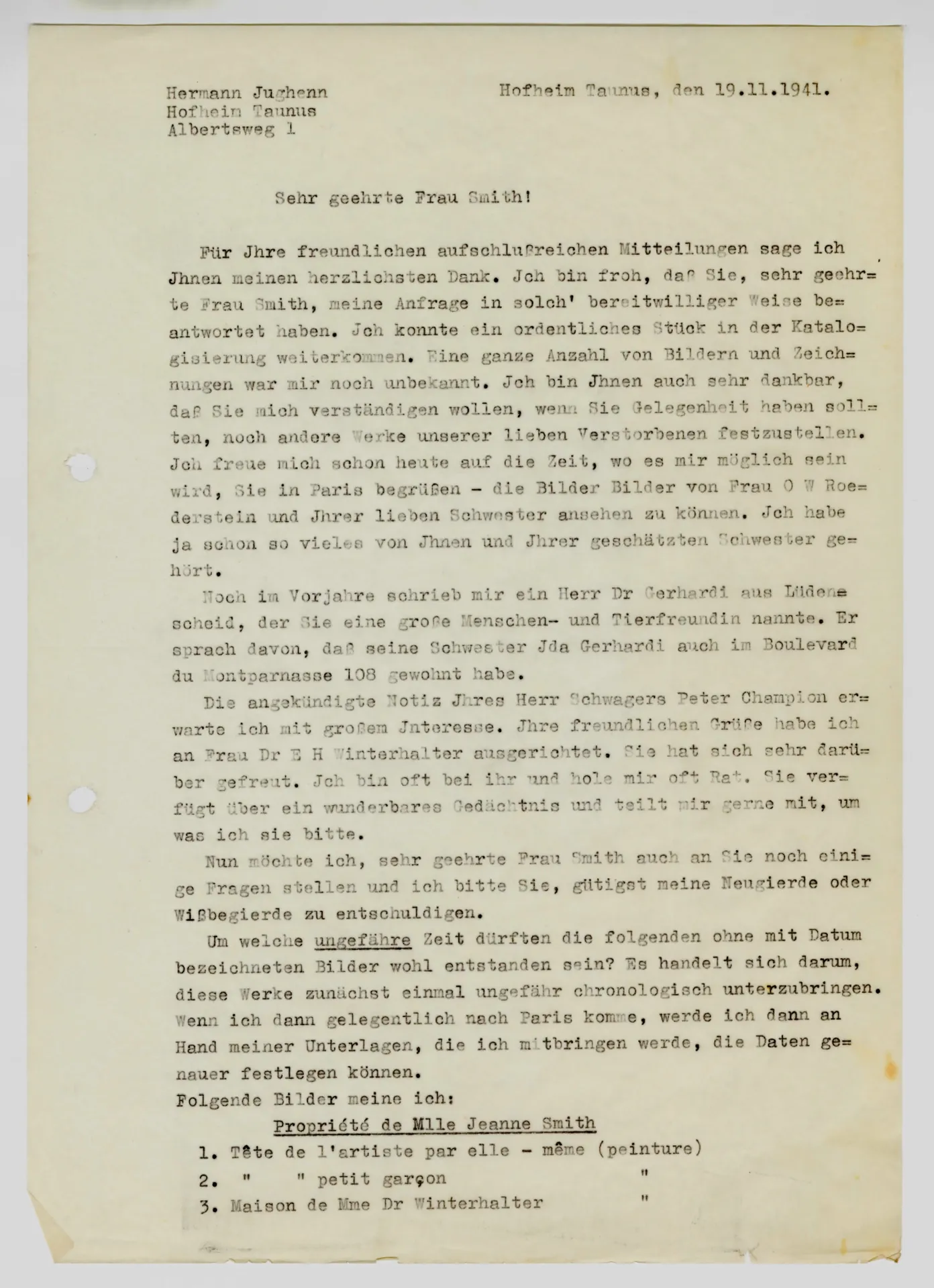 Brief von Hermann Jughenn an Jeanne Smith, 19. November 1941