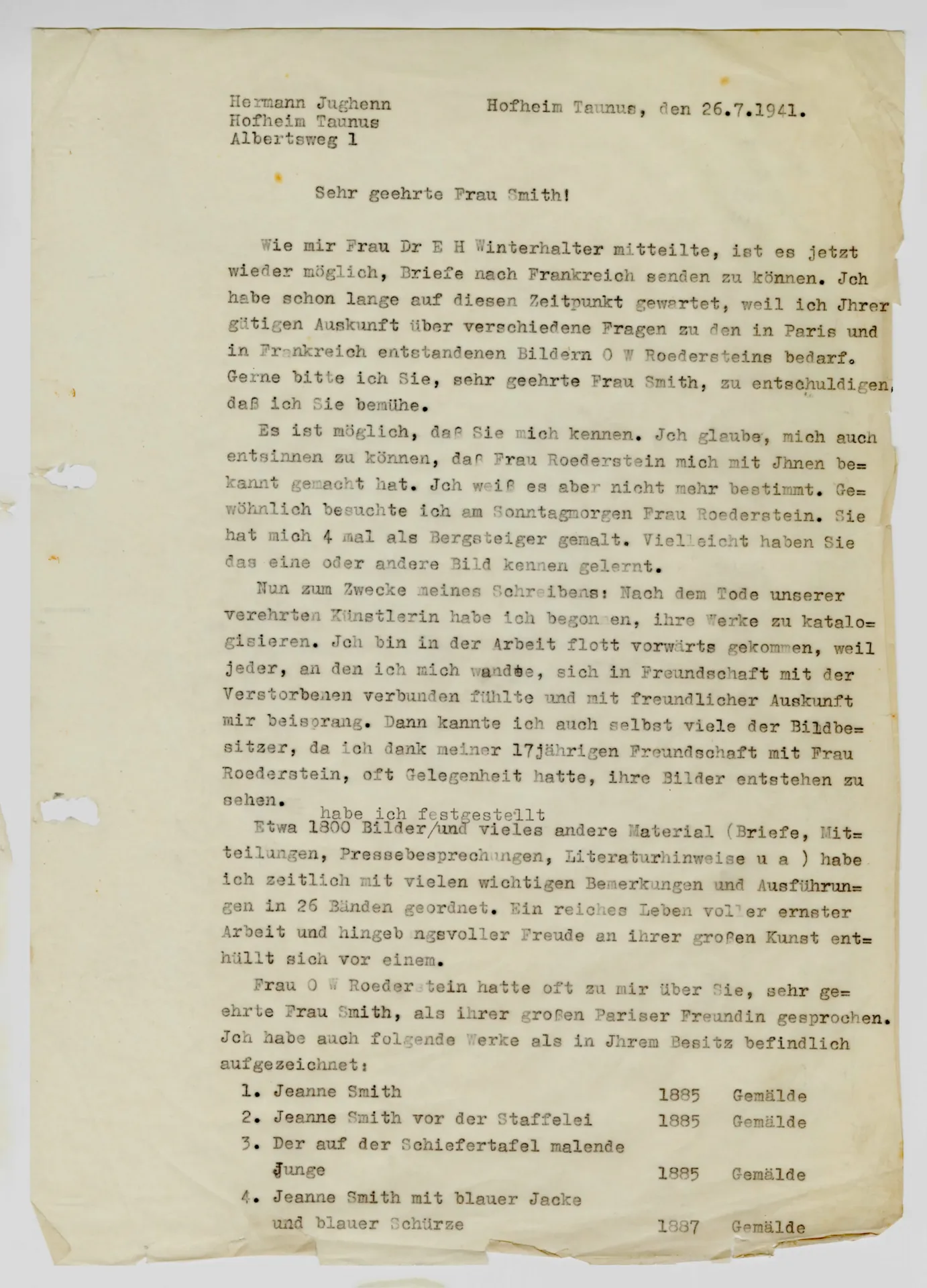 Brief von Hermann Jughenn an Jeanne Smith, 26. Juli 1941