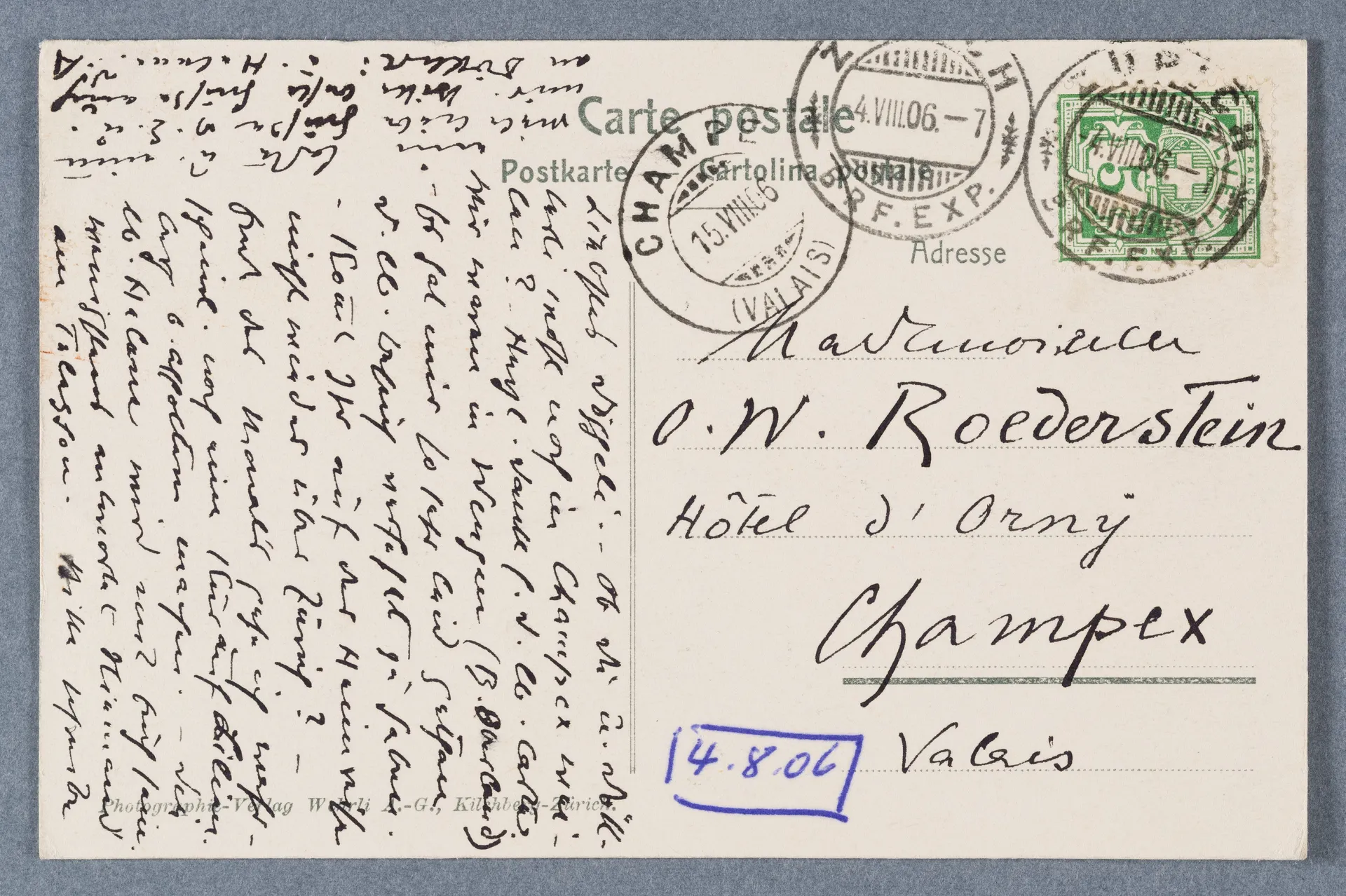 Postkarte von Anny Stebler-Hopf an Ottilie W. Roederstein, 4. August 1906