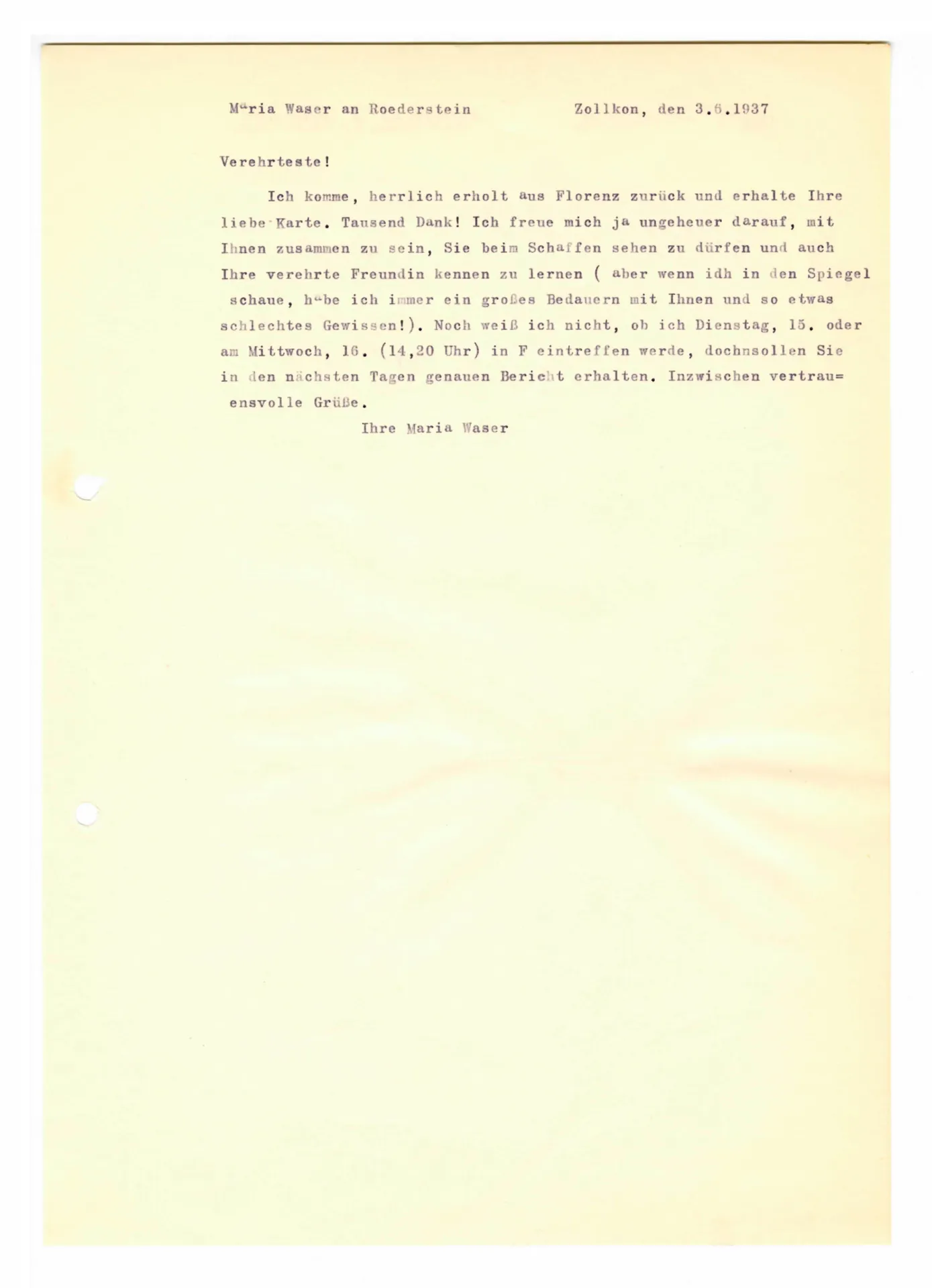 Postkarte (Transkript) von Maria Waser an Ottilie W. Roederstein, 3. Juni 1937