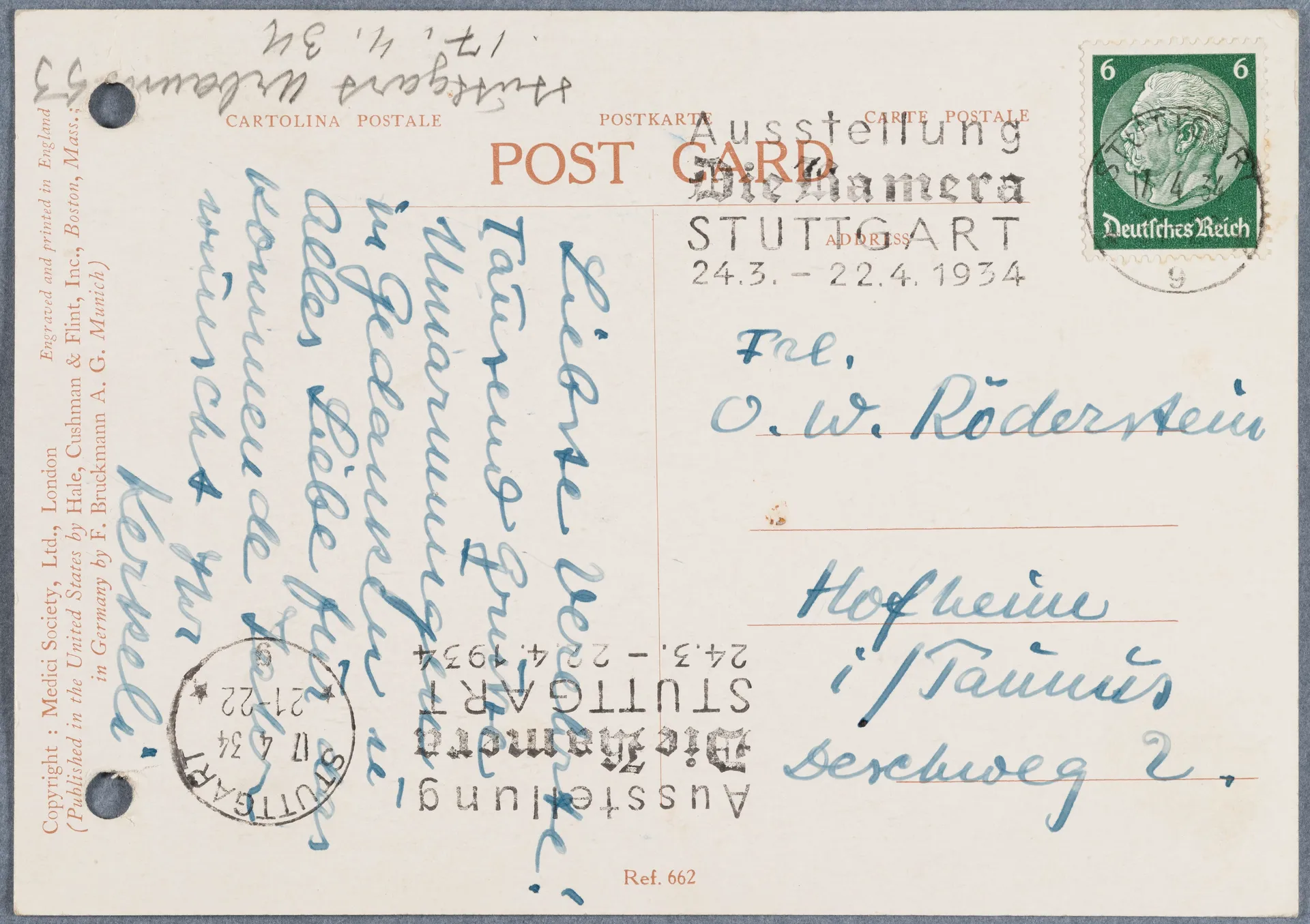 Postkarte von Ida Kerkovius an Ottilie W. Roederstein, 17. April 1934