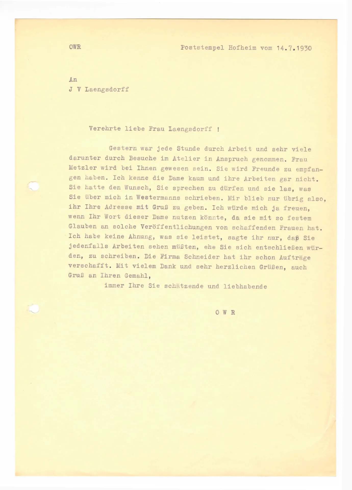 Brief (Transkript) von Ottilie W. Roederstein an Julia Virginia Laengsdorff, 14. Juli 1930