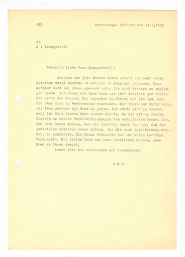 Brief (Transkript) von Ottilie W. Roederstein an Julia Virginia Laengsdorff, 14. Juli 1930