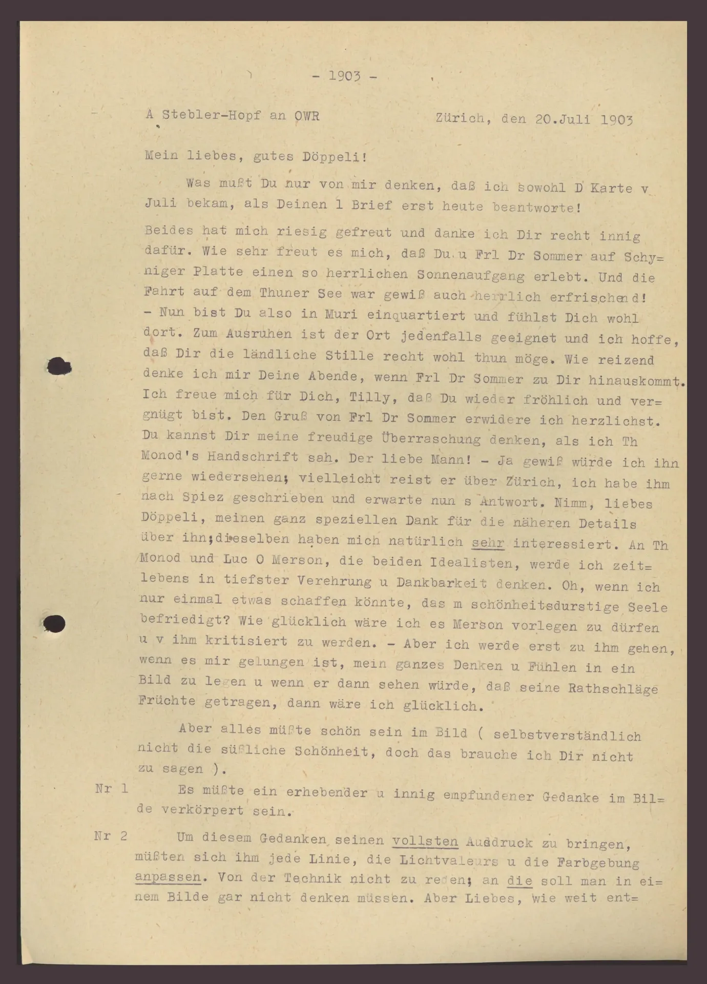 Brief (Transkript) von Anny Stebler-Hopf an Ottilie W. Roederstein, 20. Juli 1903