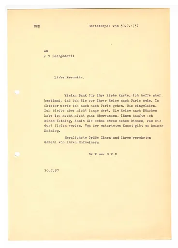 Brief (Transkript) von Ottilie W. Roederstein an Julia Virginia Laengsdorff, 30. Juli 1937