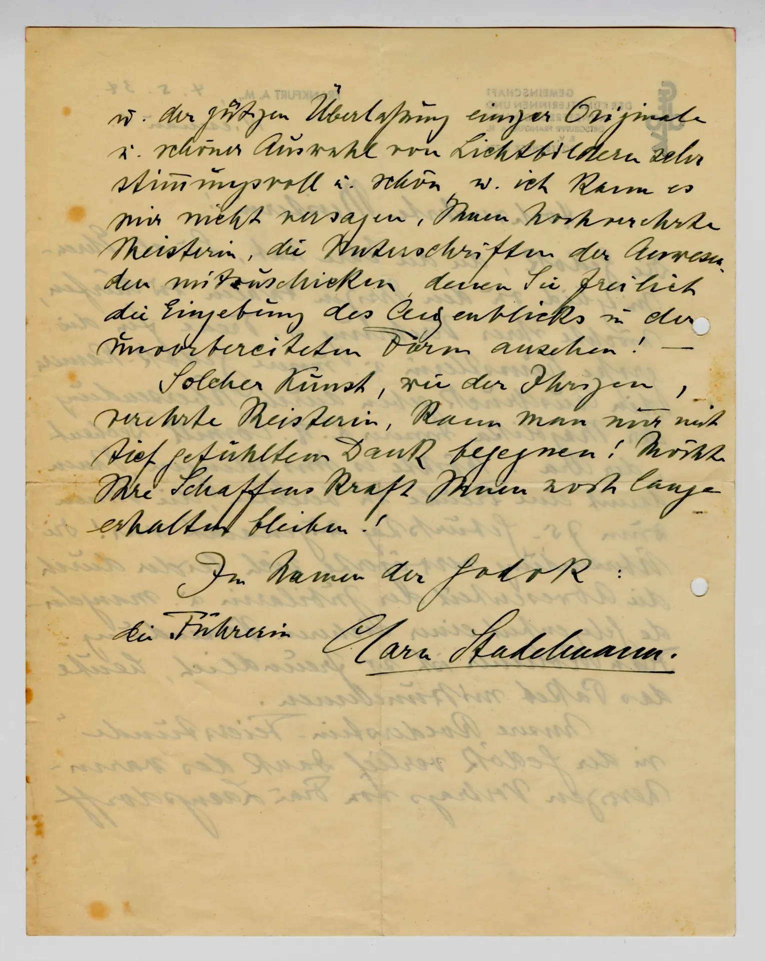 Brief von Clara Stadelmann, Führerin der GEDOK Frankfurt, an Ottilie W. Roederstein, 4. Mai 1934