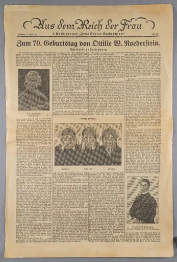 Mathilde Battenberg, Zum 70. Geburtstag von Ottilie W. Roederstein, in: Aus dem Reich der Frau, 4. Beiblatt der Frankfurter Nachrichten, 21. April 1929