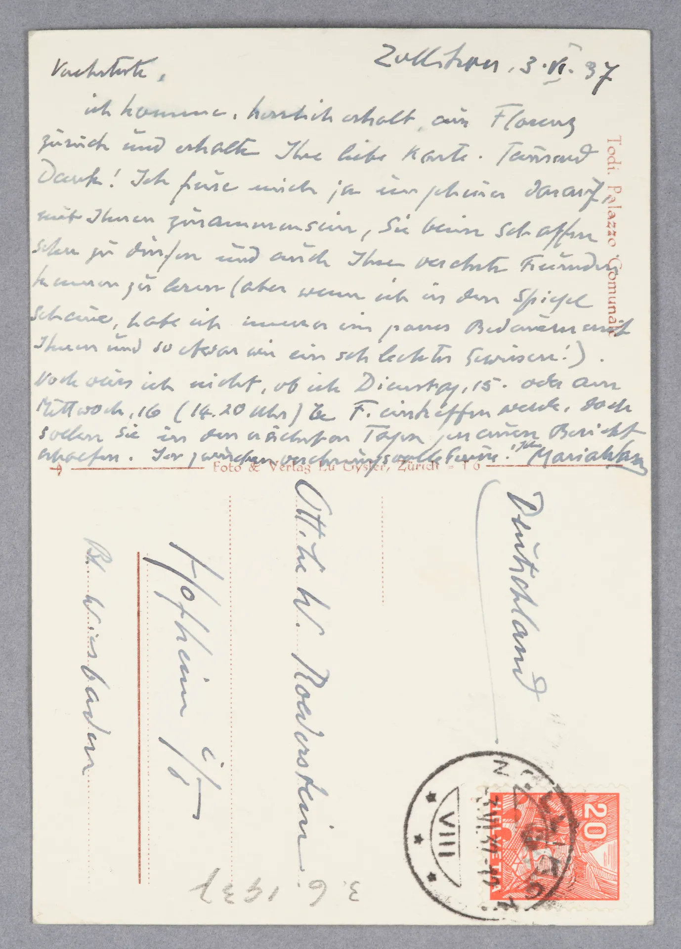 Postkarte von Maria Waser an Ottilie W. Roederstein, 3. Juni 1937