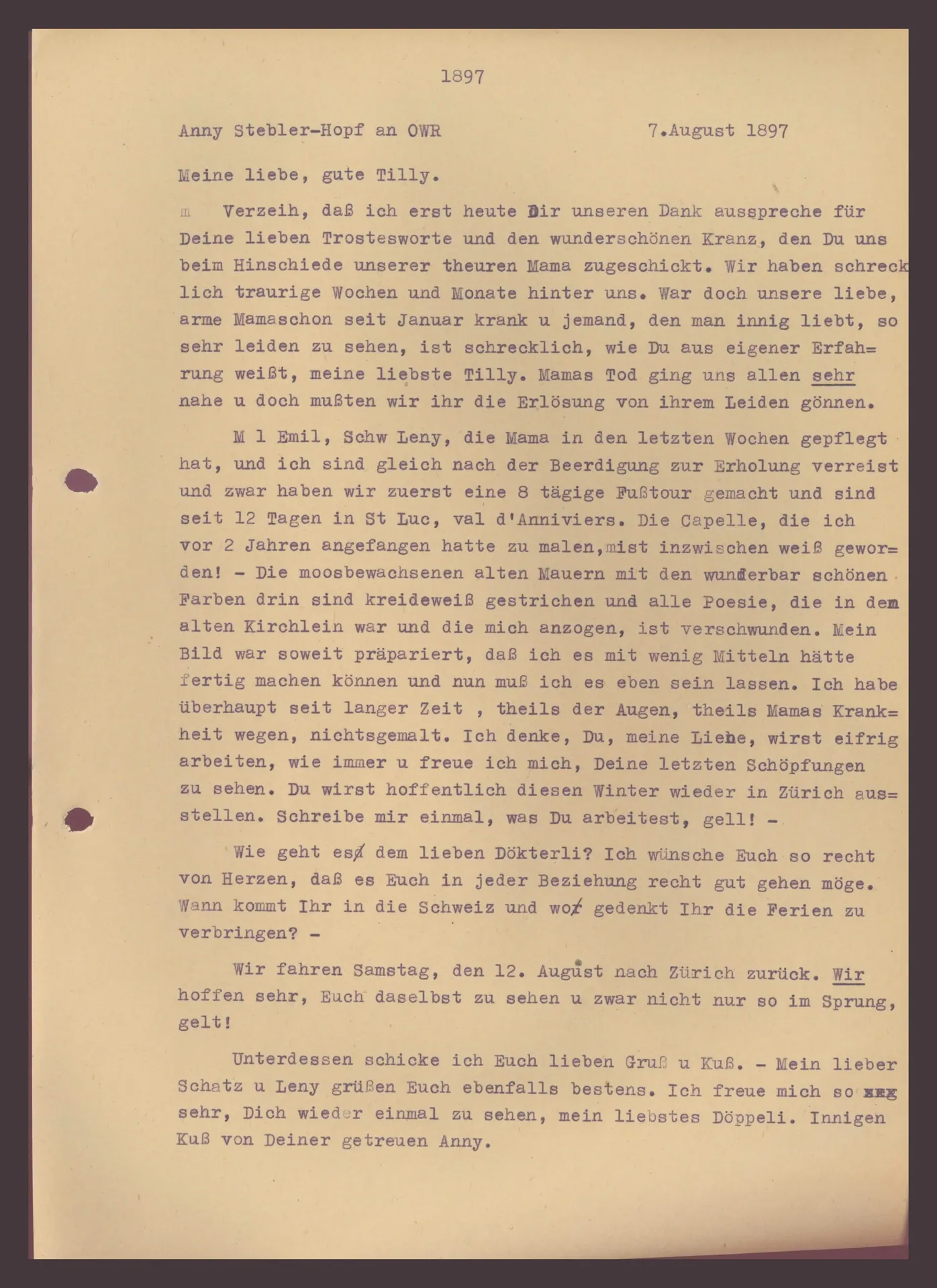 Brief (Transkript) von Anny Stebler-Hopf an Ottilie W. Roederstein, 7. August 1895