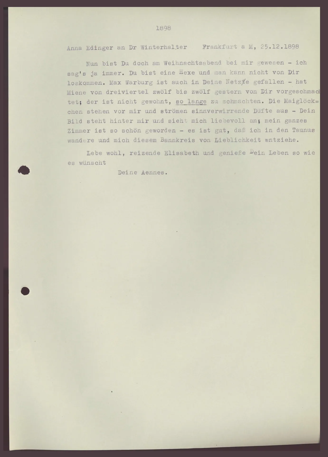 Brief (Transkript) von Anna Edinger an Elisabeth H. Winterhalter. 25. Dezember 1898