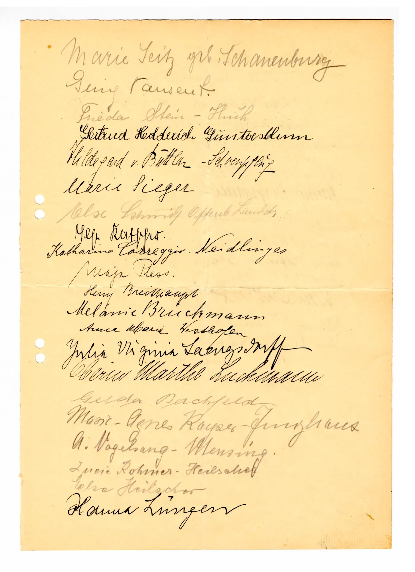 Unterschriftenliste der Teilnehmerinnen an der Roederstein-Feierstunde der GEDOK Frankfurt, 26. April 1934
