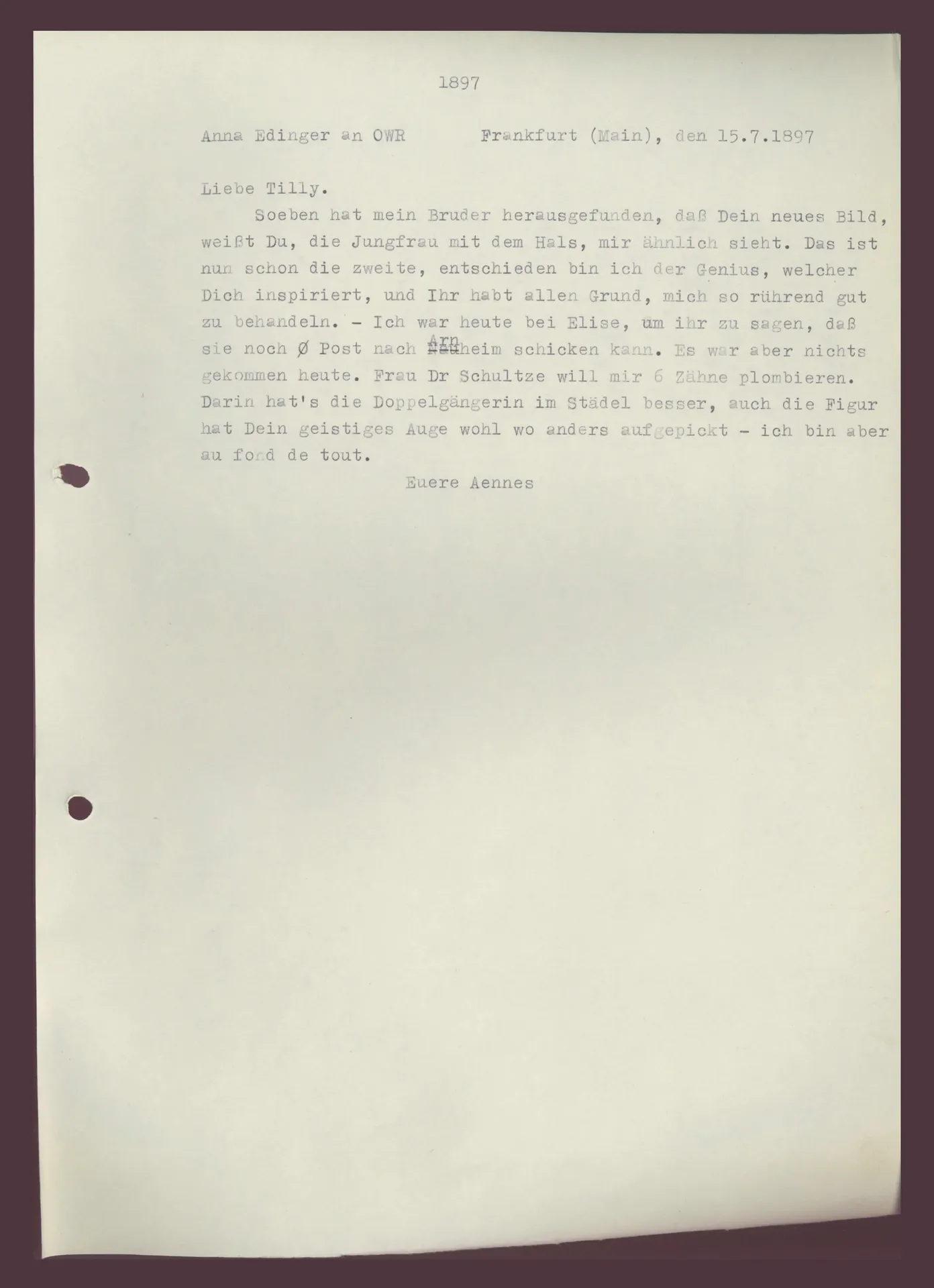 Postkarte (Transkript) von Anna Edinger an Ottilie W. Roederstein, 15. Juli 1897