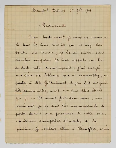 Brief von Berthe Weill an Ottilie W. Roederstein, 1. September 1908