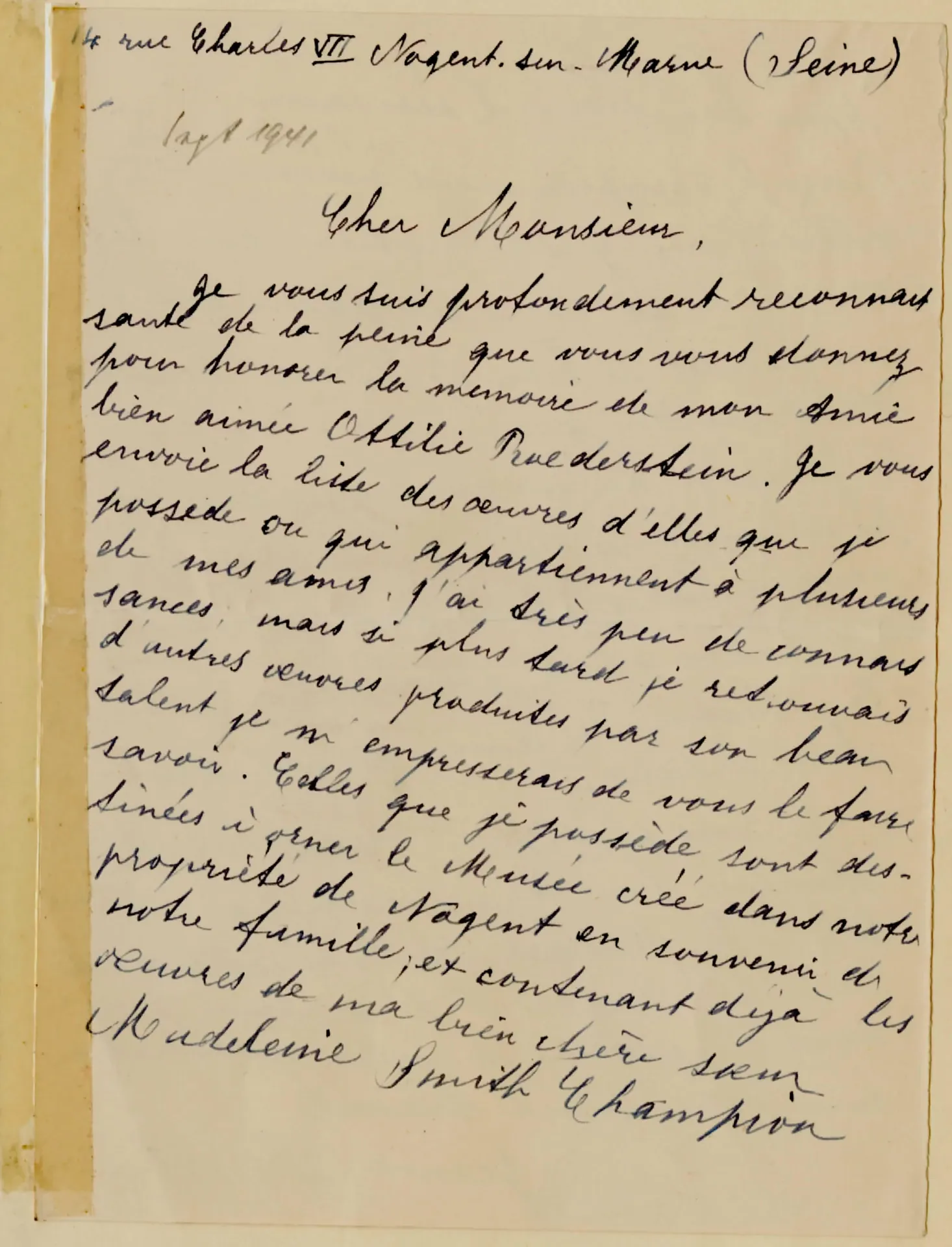 Brief von Jeanne Smith an Hermann Jughenn, September 1941