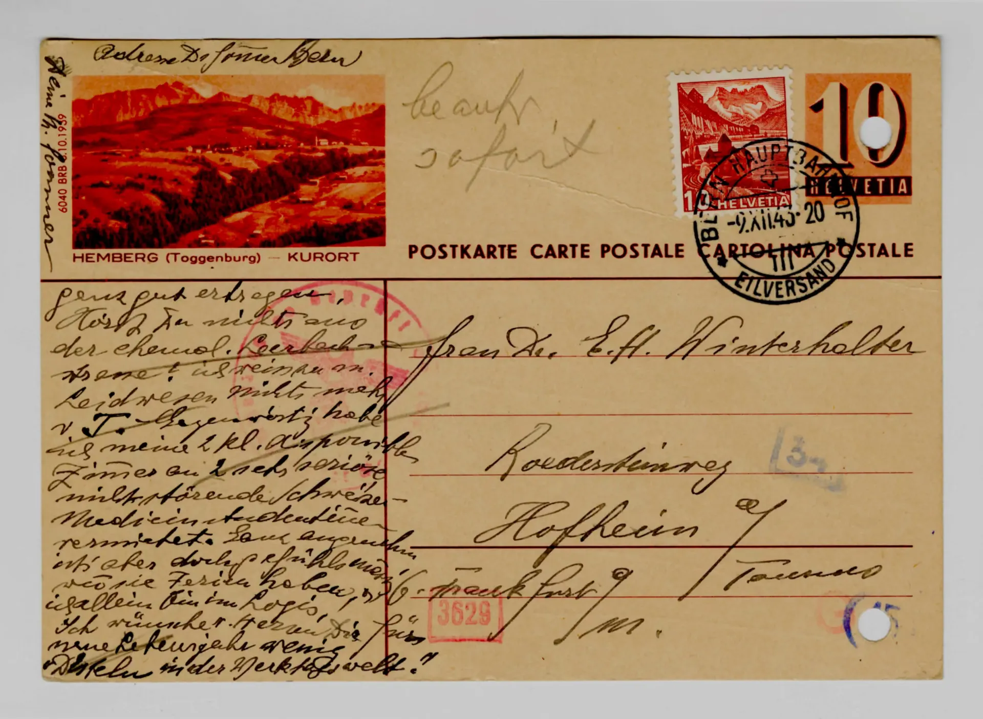 Postkarte von Martha Sommer an Elisabeth H. Winterhalter, 9. Dezember 1943