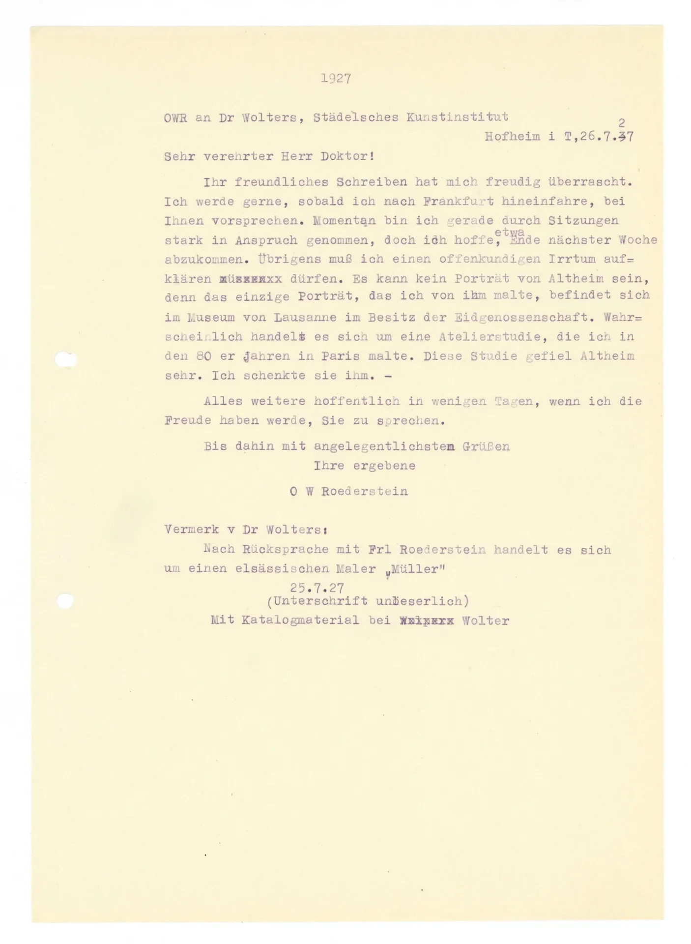 Brief (Transkript) von Ottilie W. Roederstein an Alfred Wolters, 26. Juli 1927