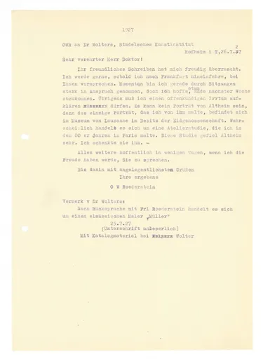 Brief (Transkript) von Ottilie W. Roederstein an Alfred Wolters, 26. Juli 1927
