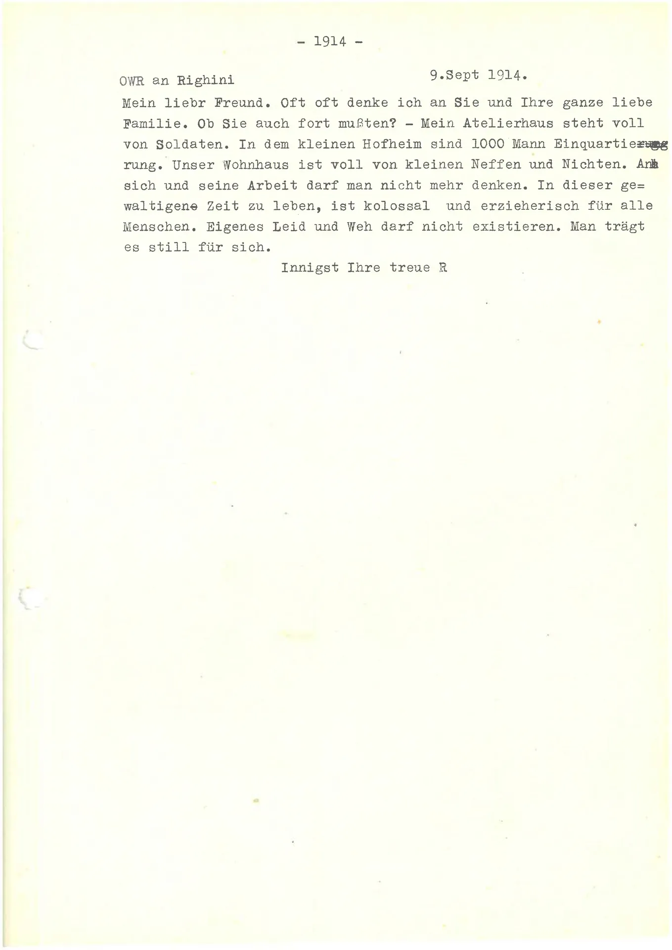 Postkarte (Transkript) von Ottilie W. Roederstein an Sigismund Righini, 5. September 1914