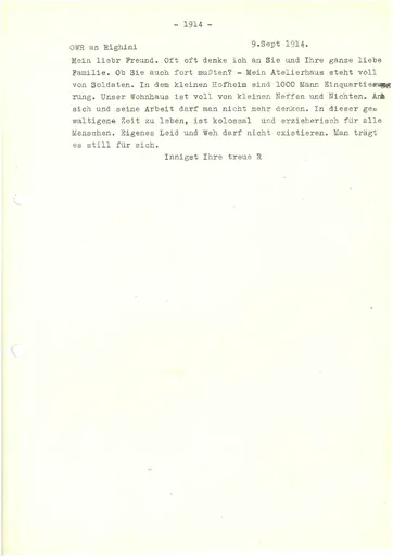 Postkarte (Transkript) von Ottilie W. Roederstein an Sigismund Righini, 5. September 1914
