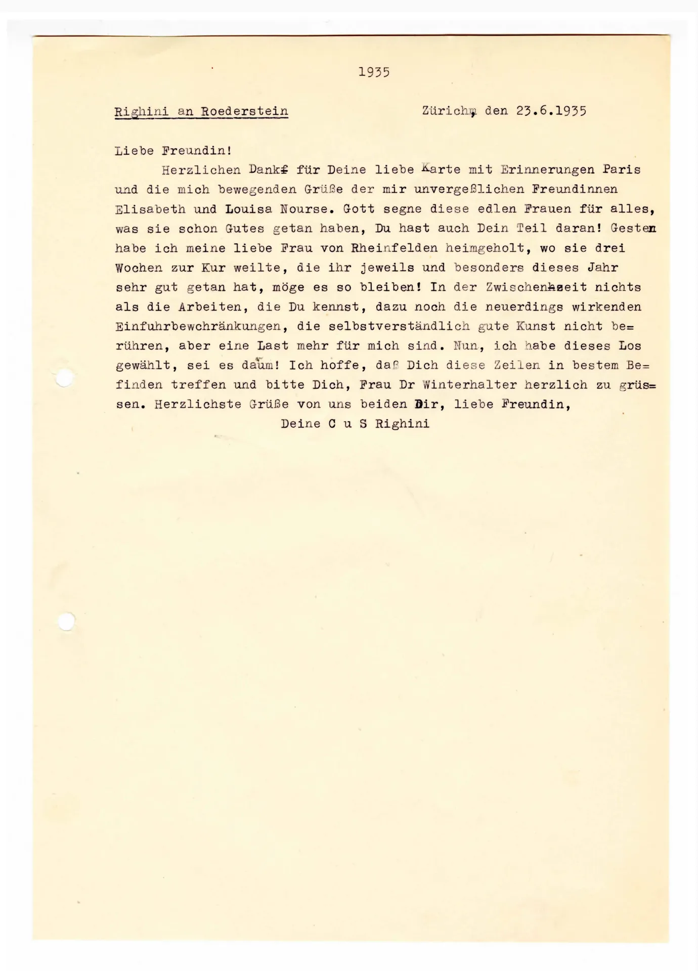 Postkarte (Transkript) von Sigismund Righini an Ottilie W. Roederstein, 23. Juni 1935