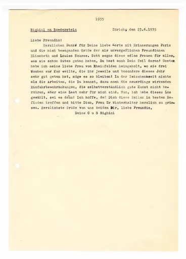 Postkarte (Transkript) von Sigismund Righini an Ottilie W. Roederstein, 23. Juni 1935