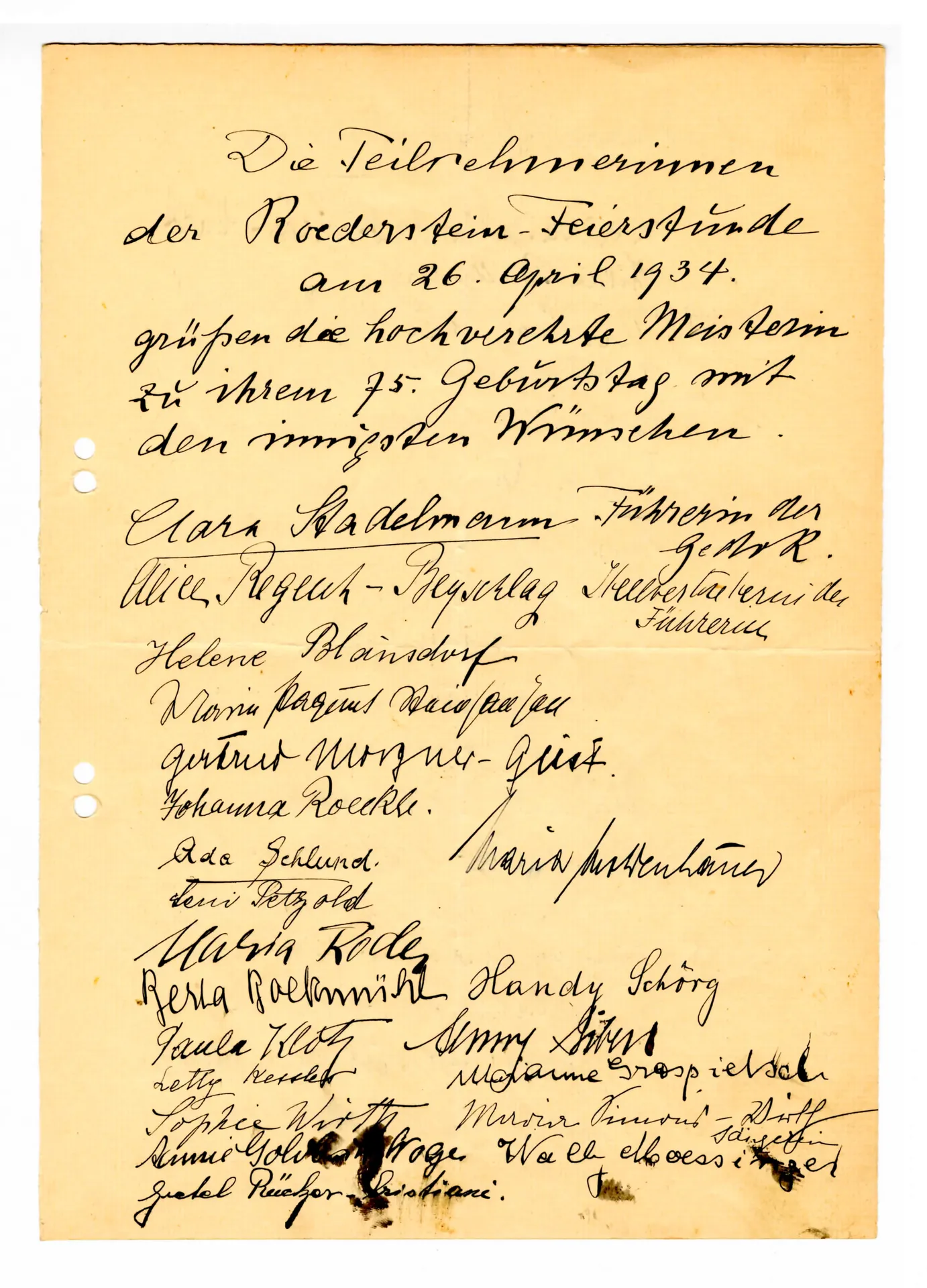 Brief (Transkript) von Clara Stadelmann, Führerin der GEDOK Frankfurt, an Ottilie W. Roederstein, 4. Mai 1934