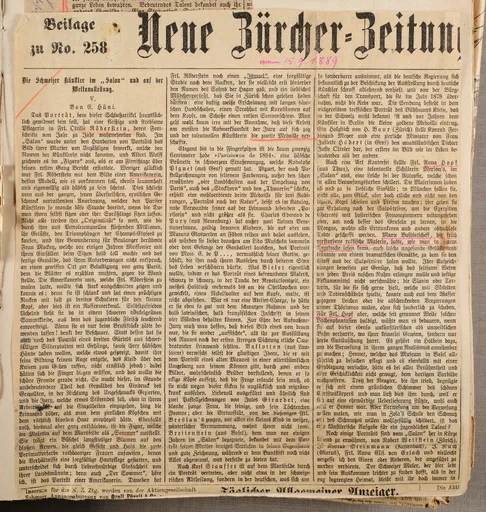 Emilie Hüni, Die Schweizer Künstler im "Salon" und auf der Weltausstellung, Ausstellungsrezension, in: Neue Zürcher Zeitung, Beilage zu Nr. 258, 15. September 1889