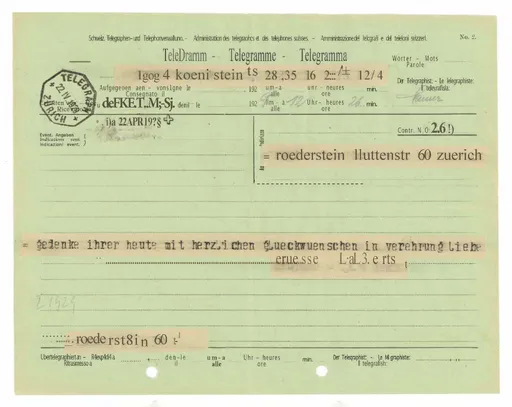 Telegramm von Lala Gans (Clara Gans) an Ottilie W. Roederstein, 22. April 1929