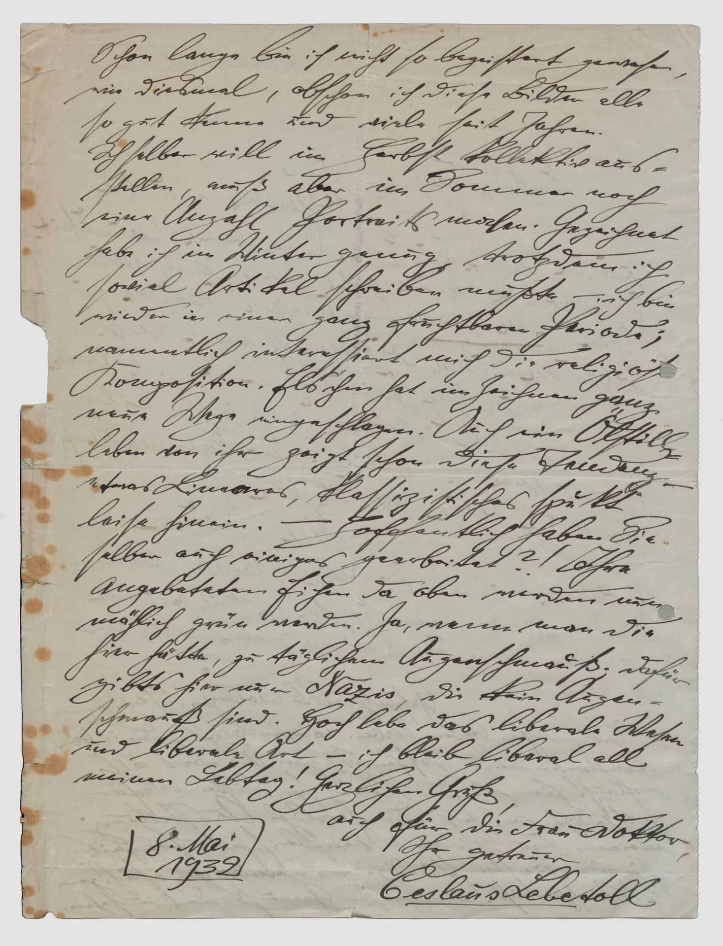 Brief von Else und Ludwig Meidner an Ottilie W. Roederstein, 8. Mai 1932
