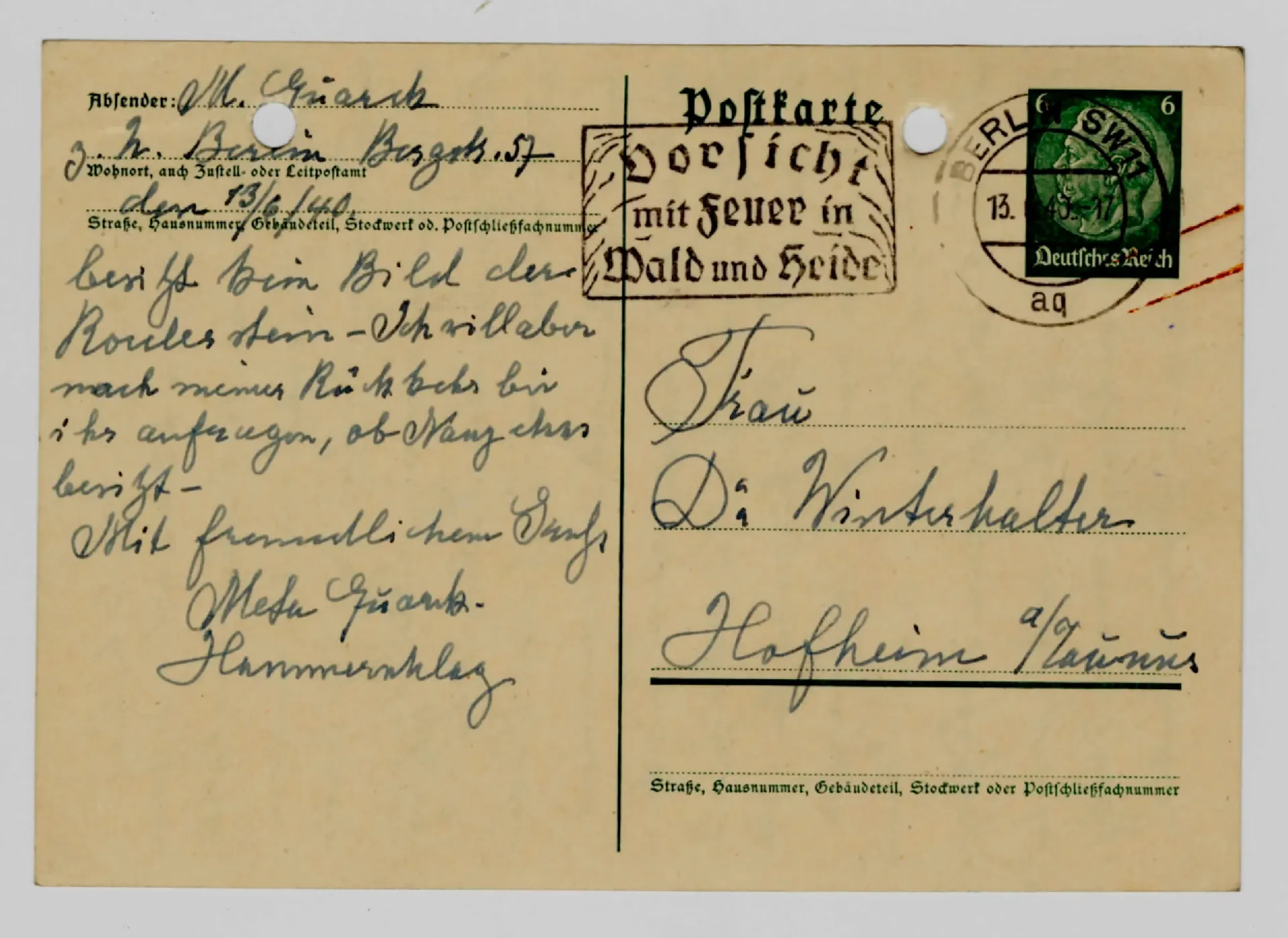 Postkarte von Meta Quarck-Hammerschlag an Elisabeth H. Winterhalter, 13. Juni 1940