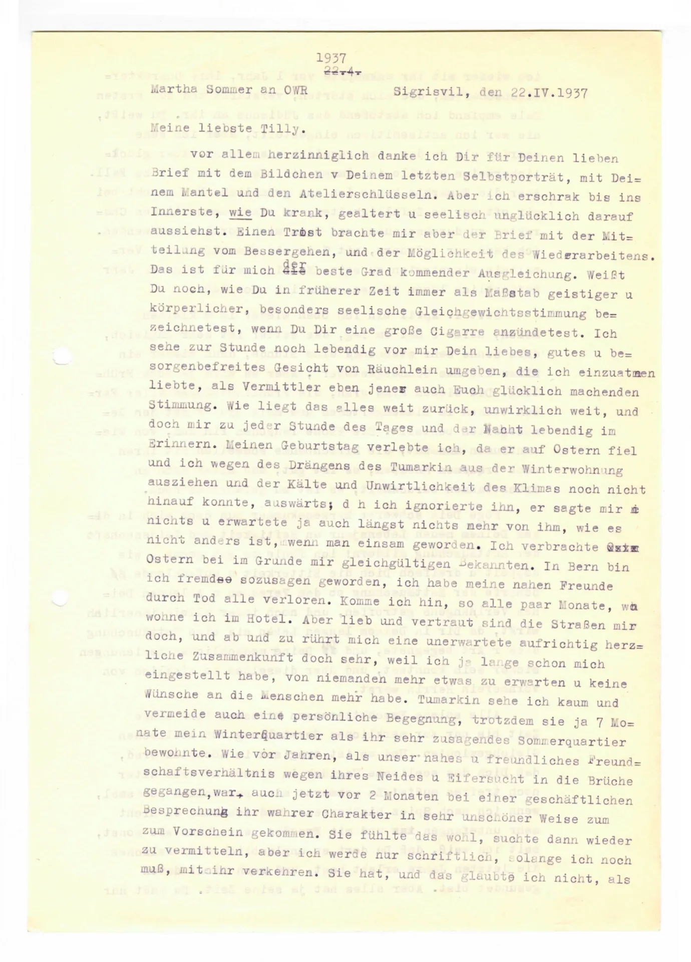 Brief (Transkript) von Martha Sommer an Ottilie W. Roederstein, 22. April 1937