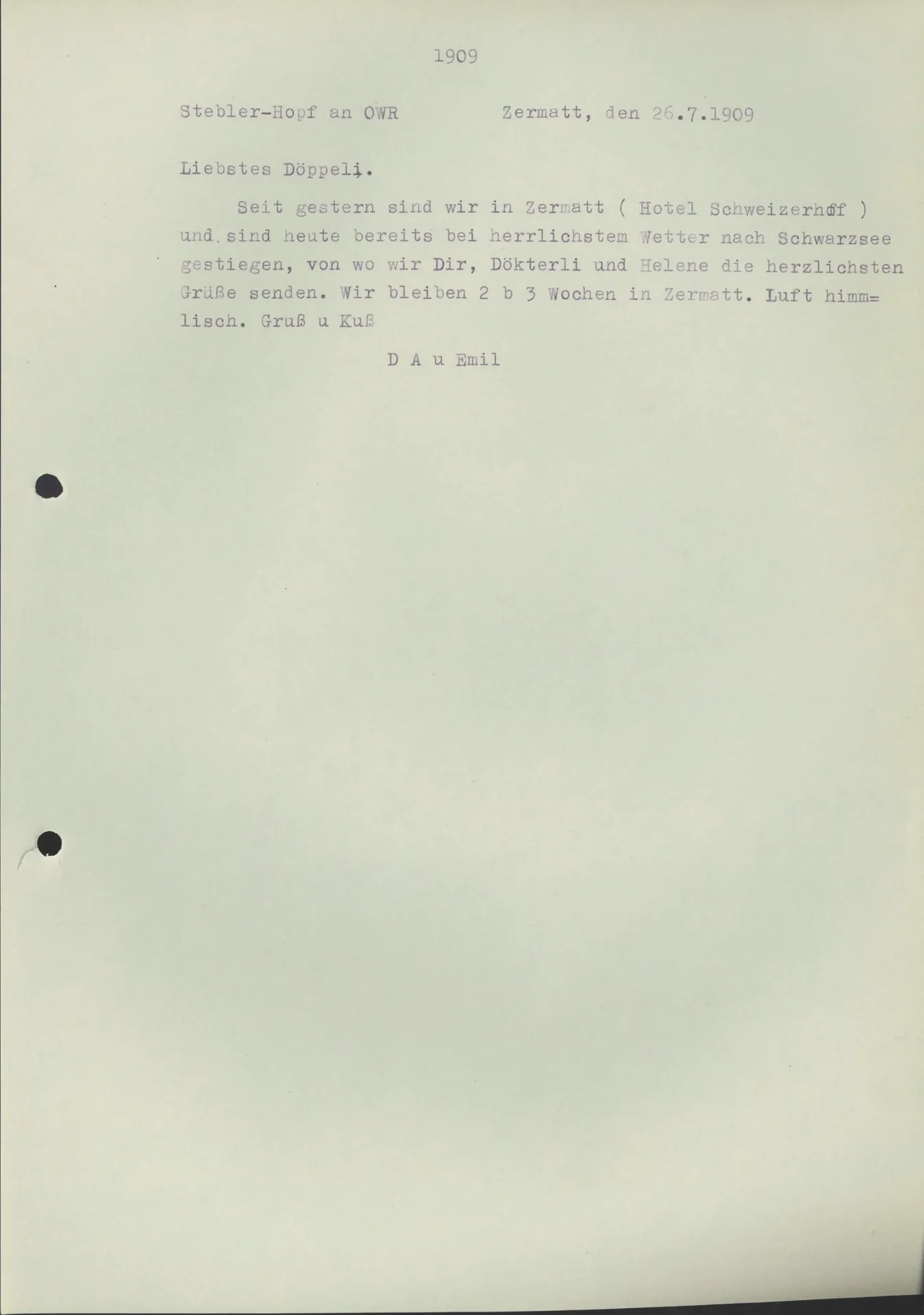 Postkarte (Transkript) von Anny Stebler-Hopf an Ottilie W. Roederstein, 26. Juli 1909