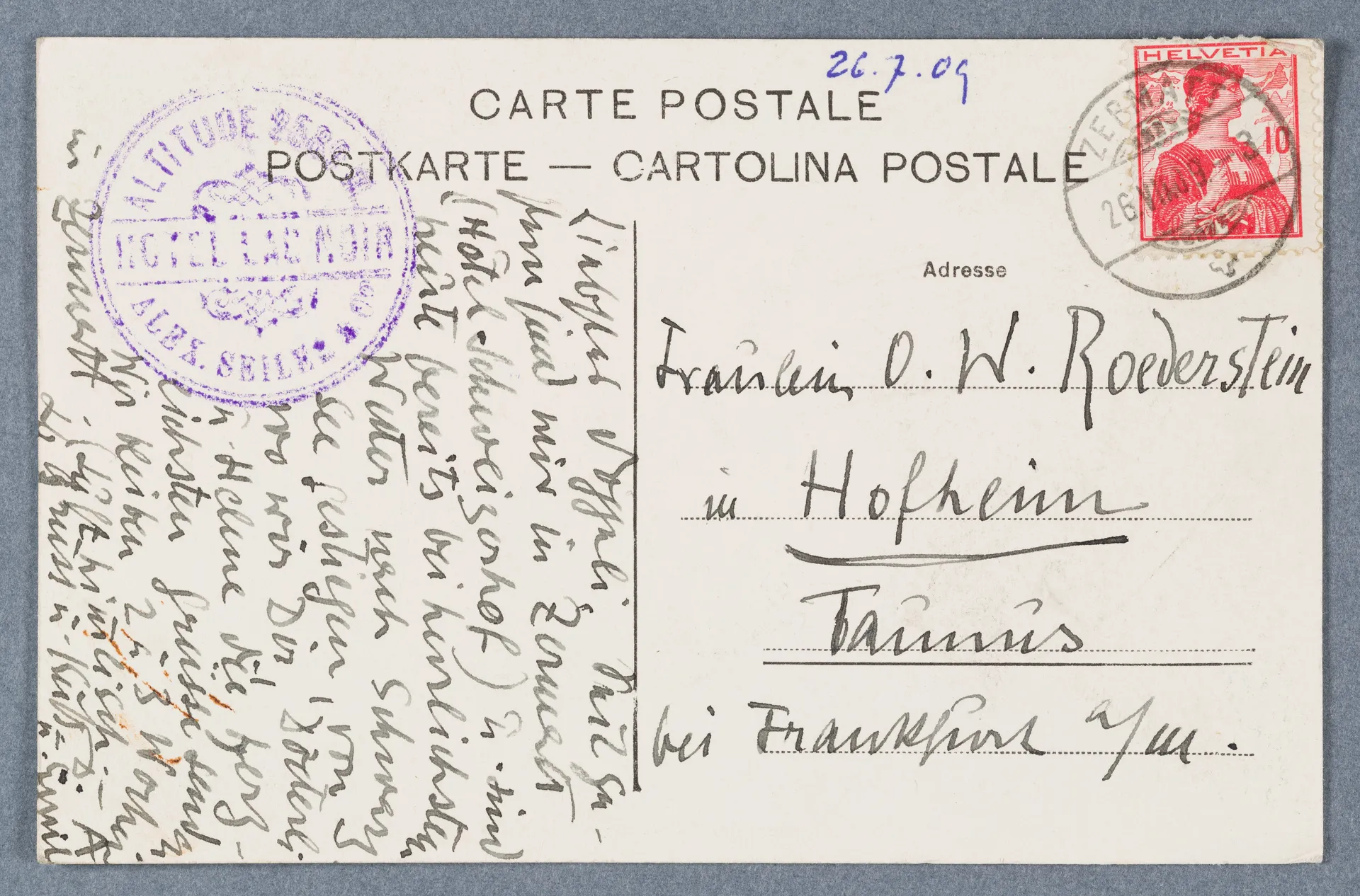 Postkarte von Anny Stebler-Hopf an Ottilie W. Roederstein, 26. Juli 1909