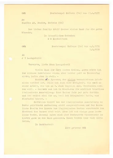 Briefe (Transkript) von Ottilie W. Roederstein an Adolf Becker, 23. April 1935, und an Julia Virginia Laengsdorff, 3. Juni 1935
