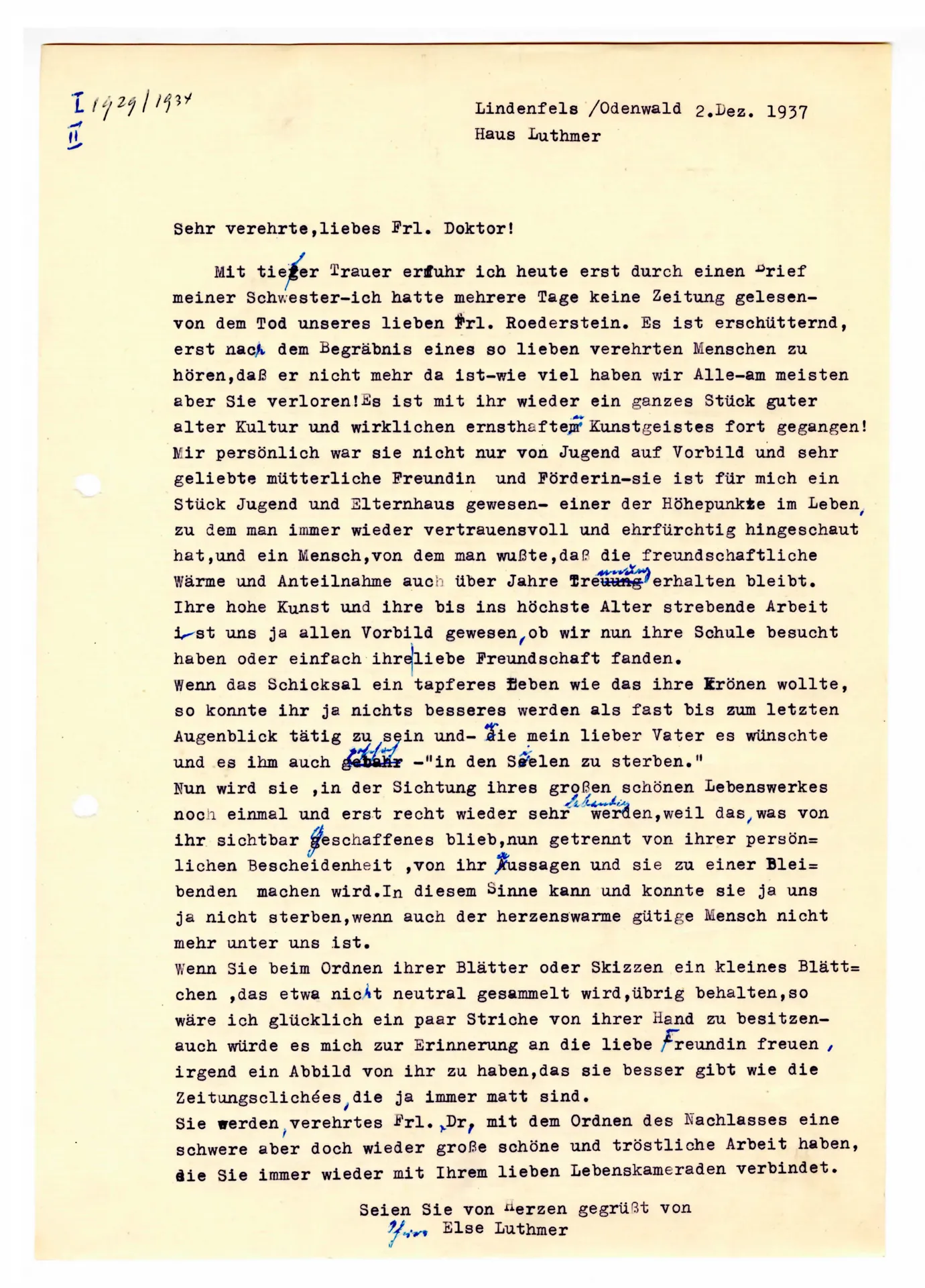 Brief (Transkript) von Else Luthmer an Elisabeth H. Winterhalter, 2. Dezember 1937