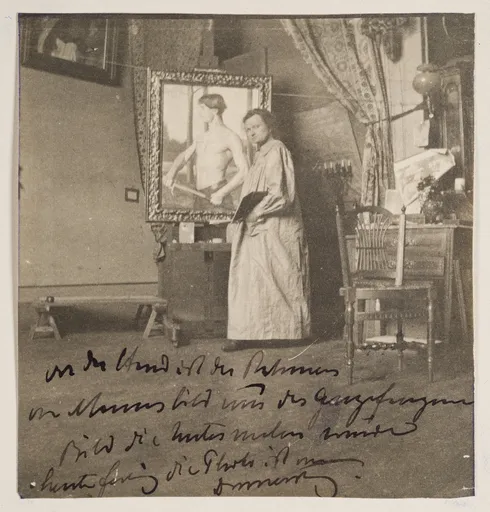 Ottilie W. Roederstein in ihrem Atelier bei der Arbeit an ihrem Gemälde Der Sieger