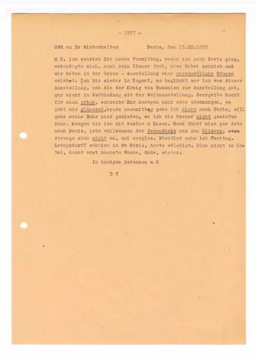 Postkarte (Transkript) von Ottilie W. Roederstein an Elisabeth H. Winterhalter, 13. Oktober 1937