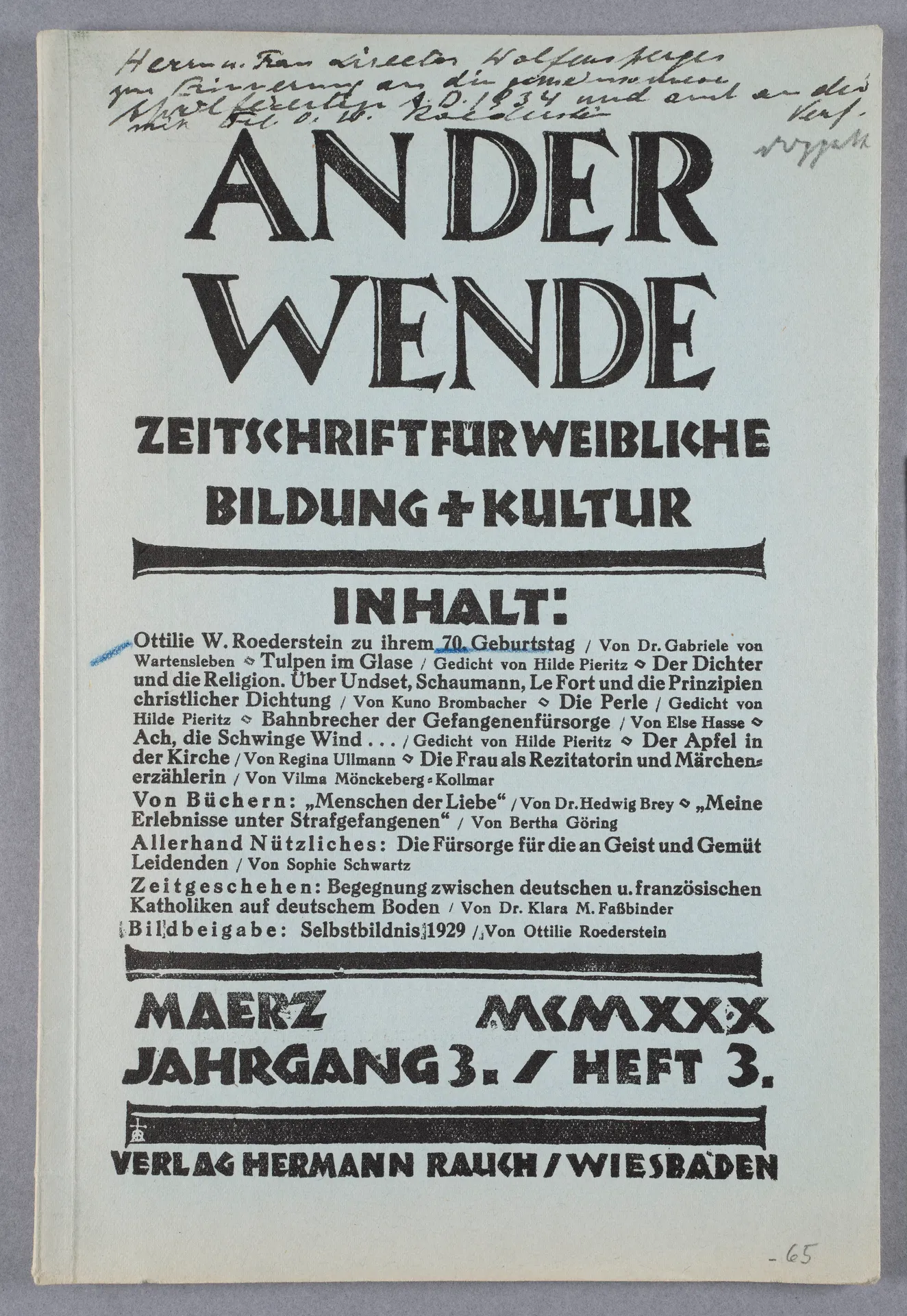 Gabriele von Wartensleben, Ottilie W. Roederstein zu ihrem 70. Geburtstag, in: An der Wende. Zeitschrift für weibliche Bildung und Kultur, 3. Jg., H. 3, März 1929