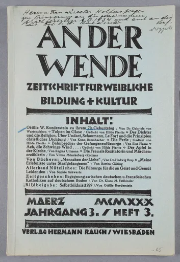 Gabriele von Wartensleben, Ottilie W. Roederstein zu ihrem 70. Geburtstag, in: An der Wende. Zeitschrift für weibliche Bildung und Kultur, 3. Jg., H. 3, März 1929