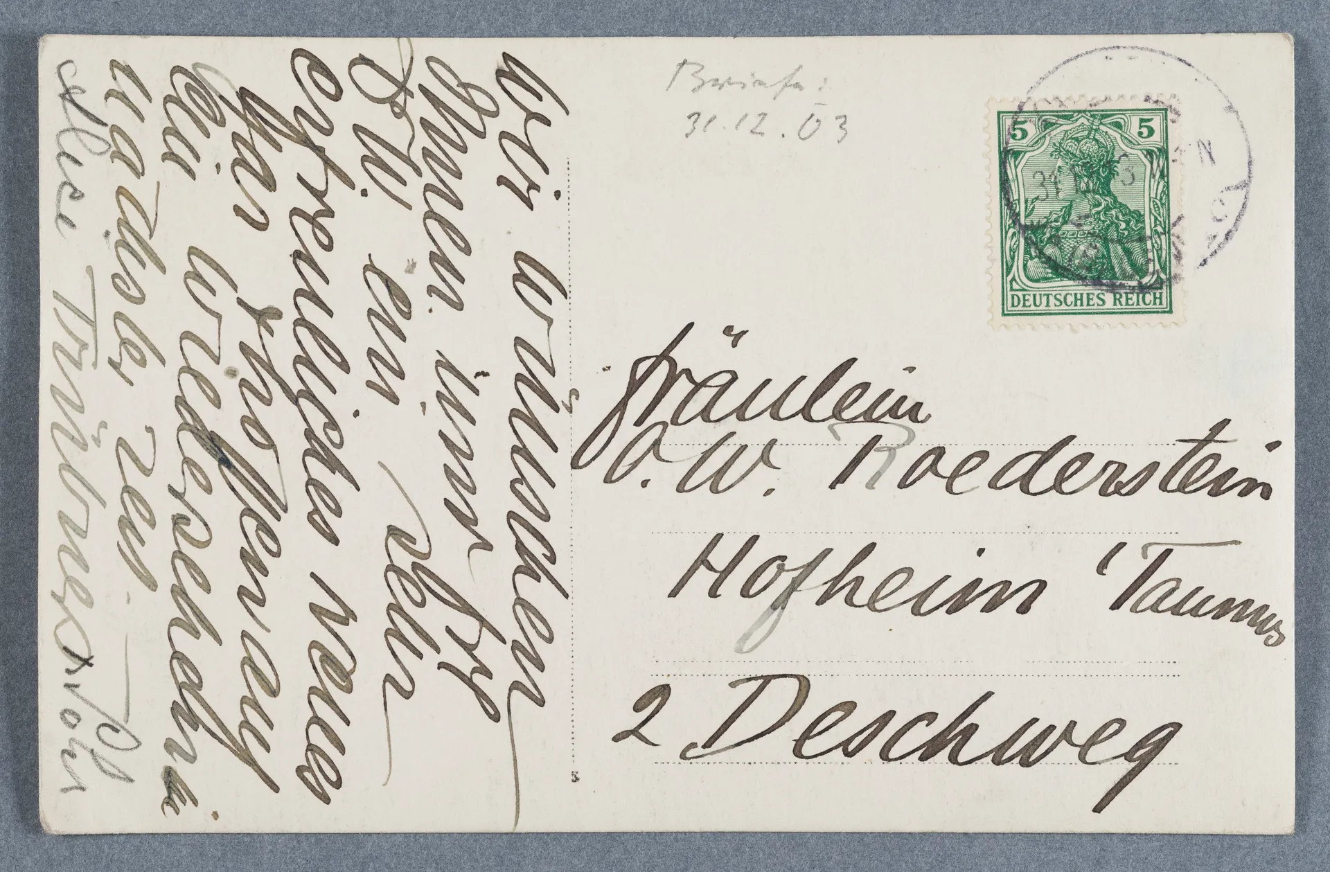 Foto-Postkarte von Alice Trübner an Ottilie W. Roederstein, 31. Dezember 1913