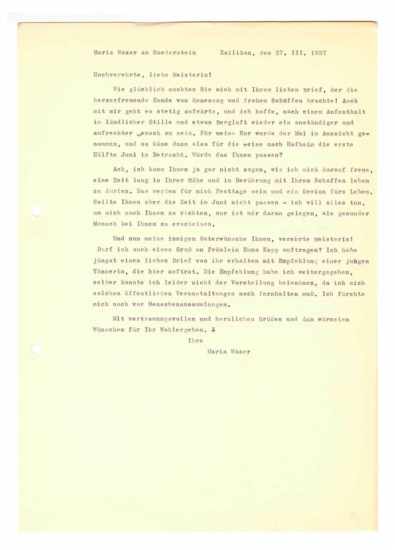 Brief (Transkript) von Maria Waser an Ottilie W. Roederstein, 27. März 1937