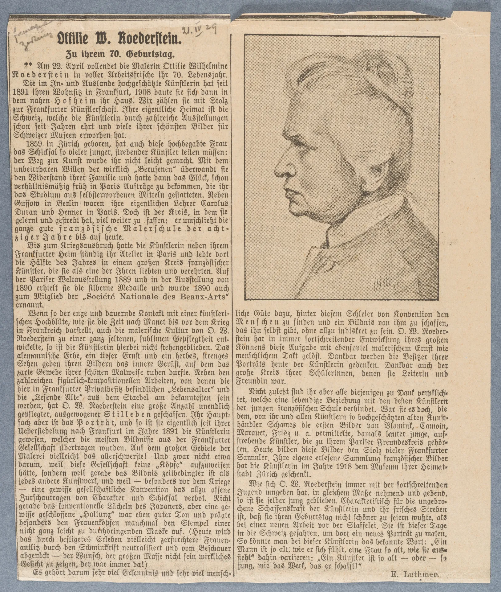 Else Luthmer, Ottilie W. Roederstein zu ihrem 70. Geburtstag, Frankfurter Zeitung, 21. April 1929