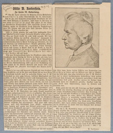 Else Luthmer, Ottilie W. Roederstein zu ihrem 70. Geburtstag, Frankfurter Zeitung, 21. April 1929