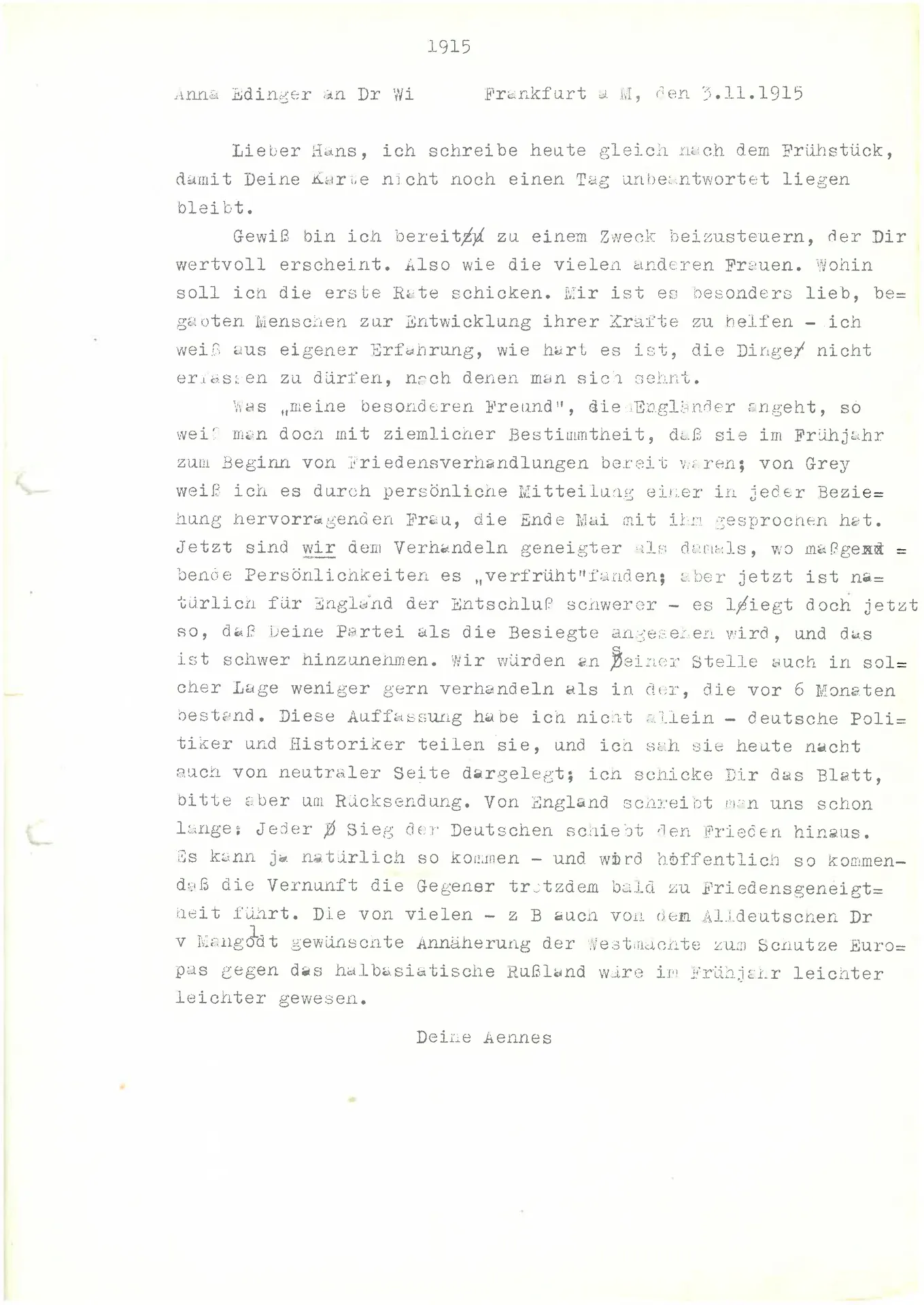 Brief (Transkript) von Anna Edinger an Elisabeth H. Winterhalter, 3. November 1915