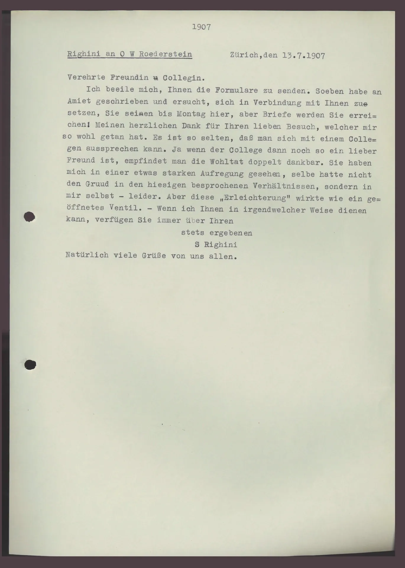 Brief (Transkript) von Sigismund Righini an Ottilie W. Roederstein, 13. Juli 1907