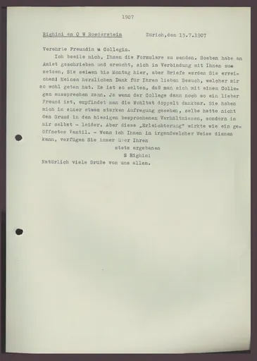 Brief (Transkript) von Sigismund Righini an Ottilie W. Roederstein, 13. Juli 1907