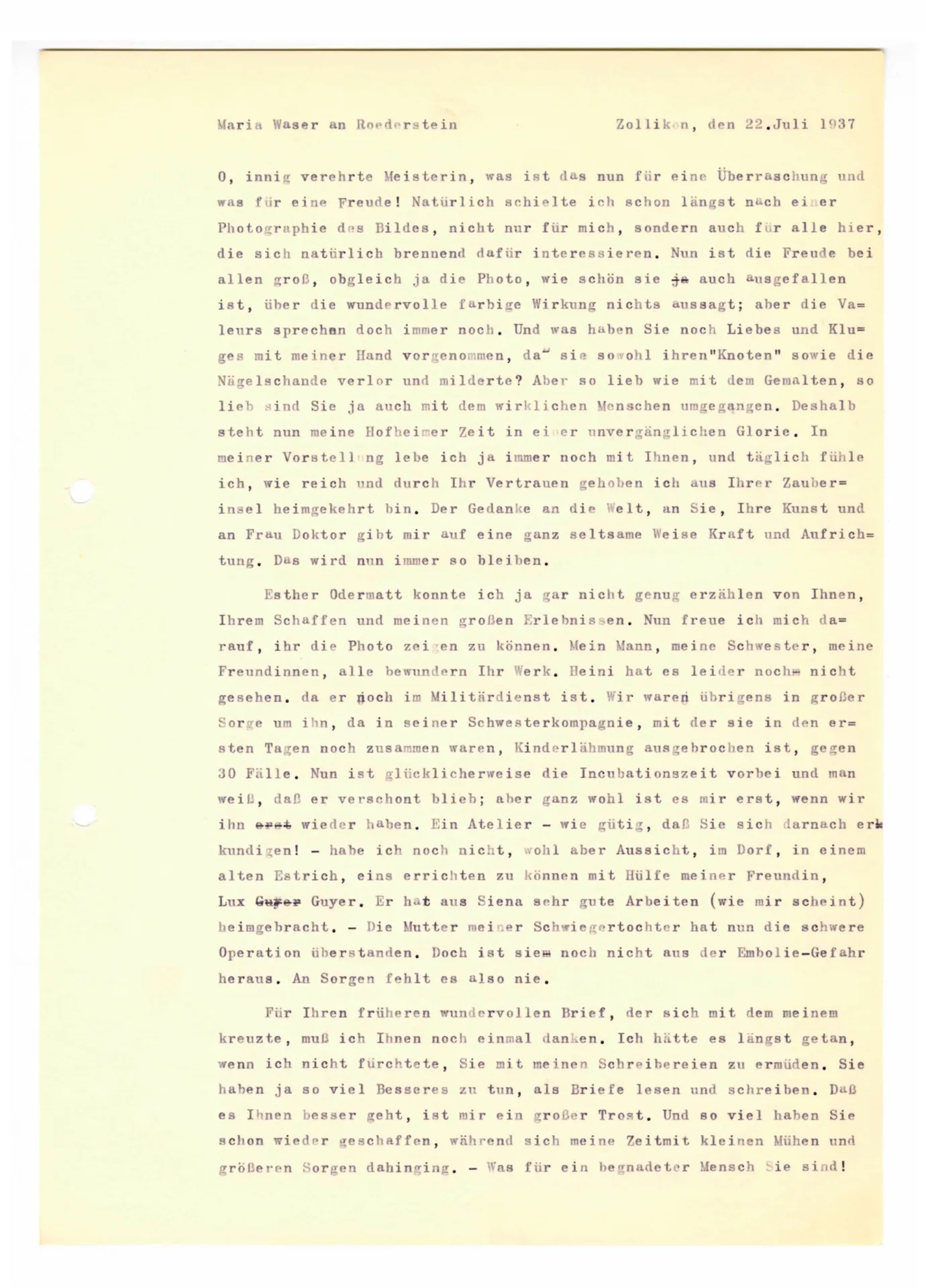Brief (Transkript) von Maria Waser an Ottilie W. Roederstein, 22. Juli 1937